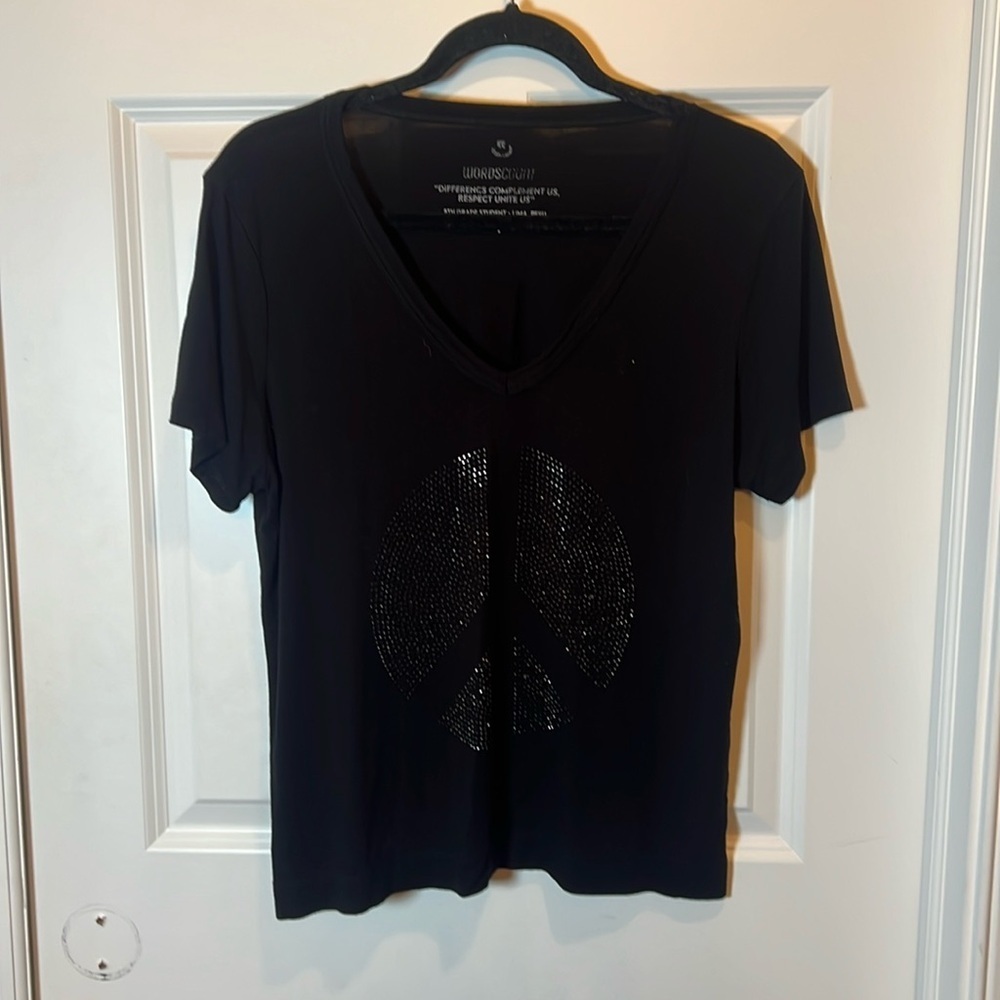 Wordscount T-shirt Black V-Neck with Peace Sign embellished on the front Size L